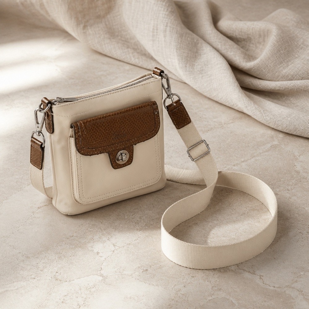 Coach Cream Leather Crossbody Bag Brown Snake‎ Print Turnlock Small Messenger